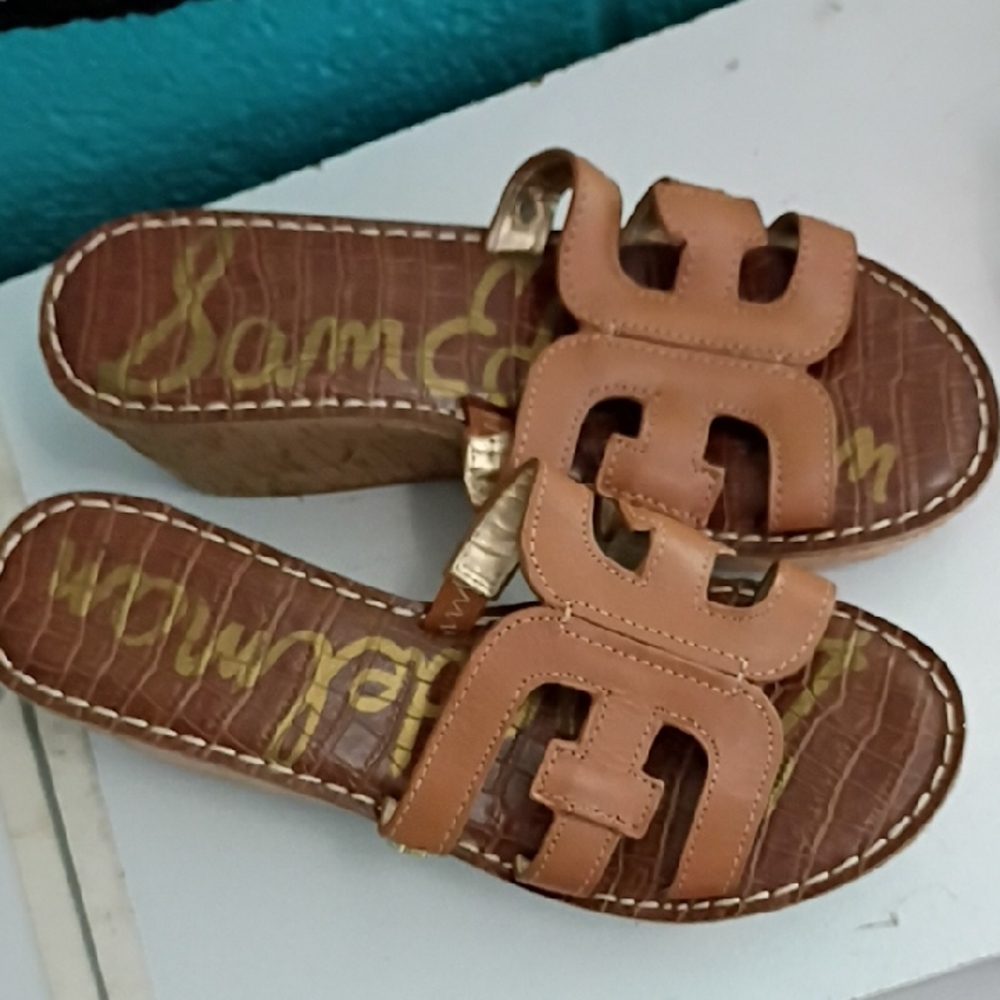 Sam Edelman Tan Leather Wedge Slide Sandals